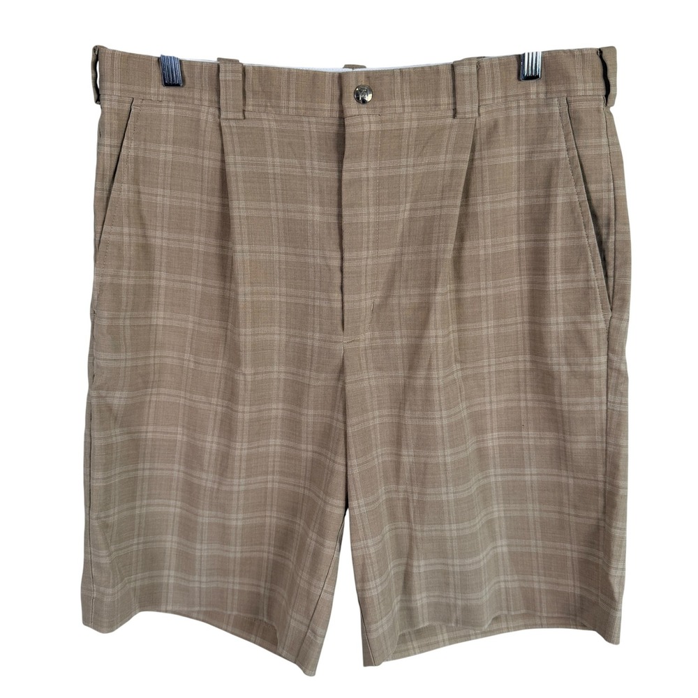 Tiger Woods Collection Pleated Golf Shorts Wool Blend Mens 34 Tan Plaid S6BUS